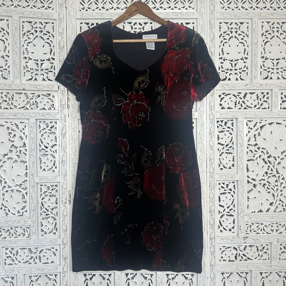 Vintage Worthington Petite Crushed Velvet Floral Metallic Knee Length Dress Sz M